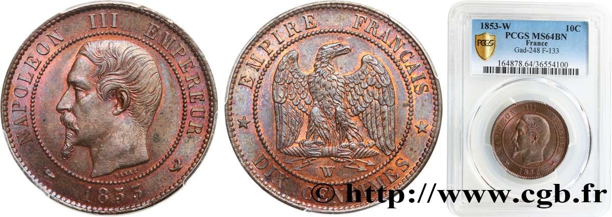Dix centimes Napoléon III, tête nue 1853 Lille F.133/10 SC64 PCGS