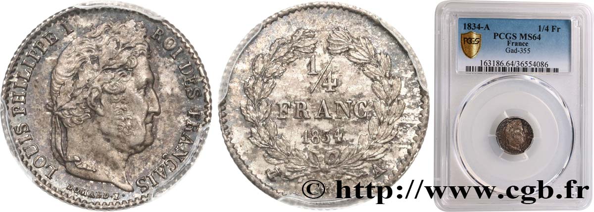 1/4 franc Louis-Philippe 1834 Paris F.166/37 MS64 PCGS