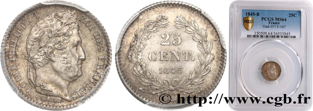 25 centimes Louis-Philippe 1845 Rouen F.167/1 SPL63 PCGS