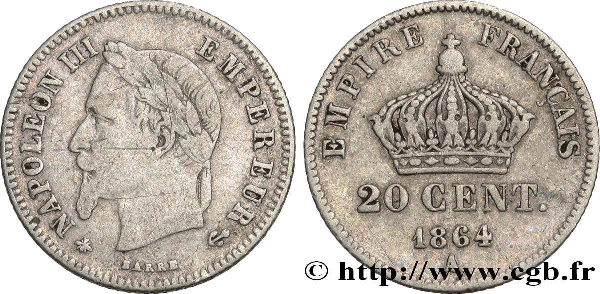 20 centimes Napoléon III, tête laurée, petit module 1864 Paris F.149/1 B 