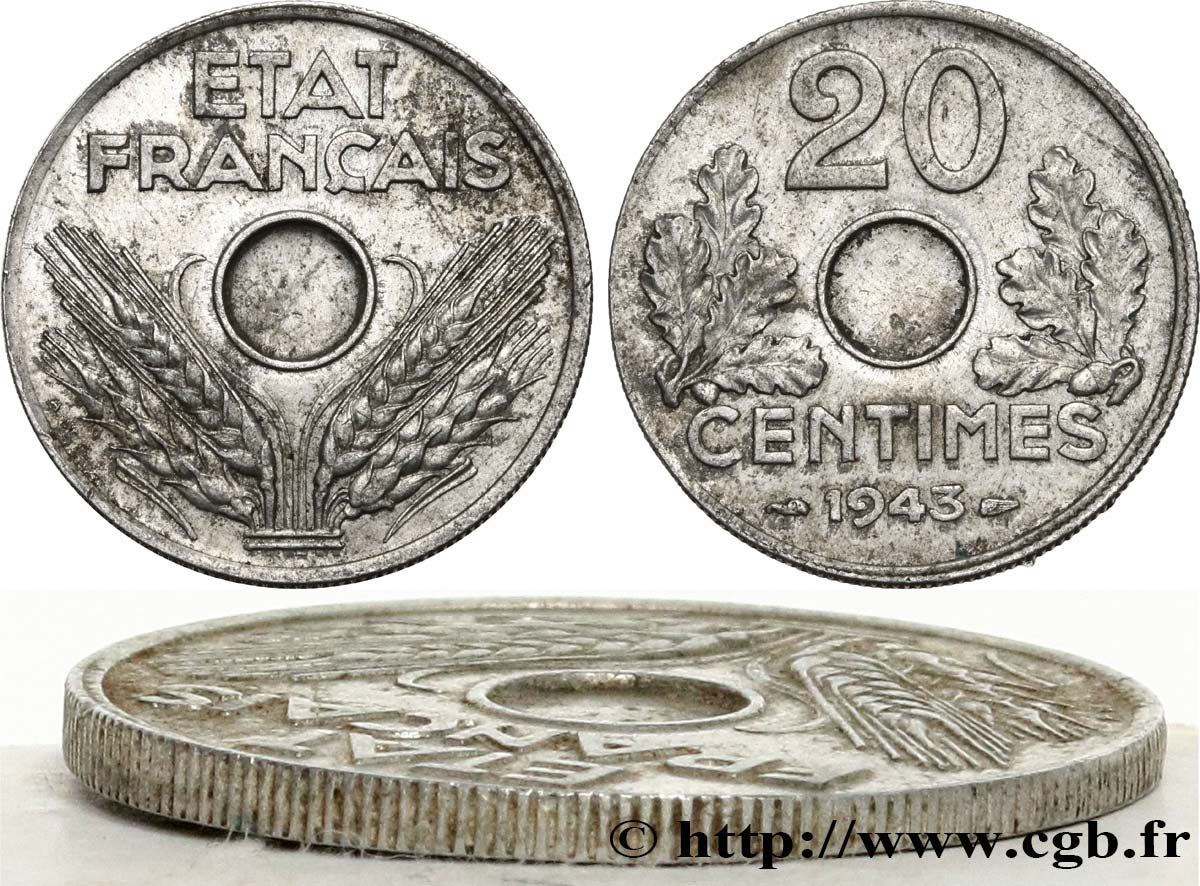 Épreuve sans le mot ESSAI de 20 centimes État français en aluminium, non perforée 1943  F.153A/1 var. XF 