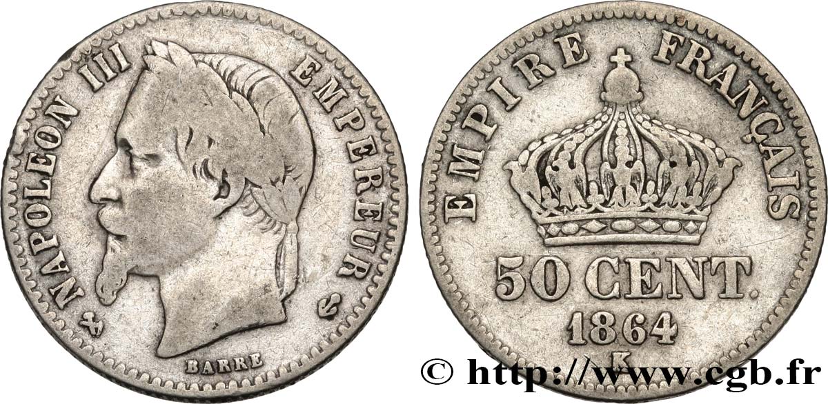 50 centimes Napoléon III, tête laurée 1864 Bordeaux F.188/4 F15 