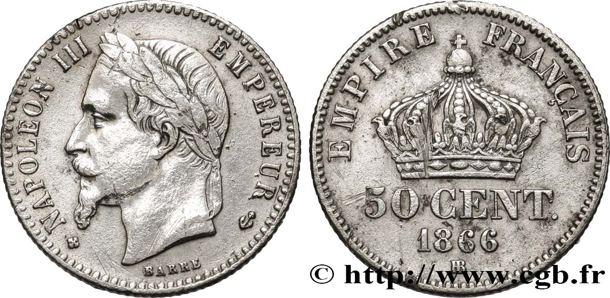 50 centimes Napoléon III, tête laurée 1866 Strasbourg F.188/10 MBC 