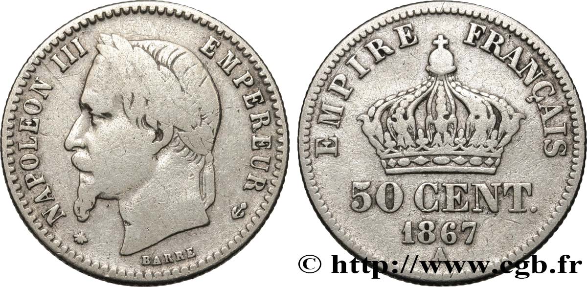 50 centimes Napoléon III, tête laurée 1867 Paris F.188/13 F12 