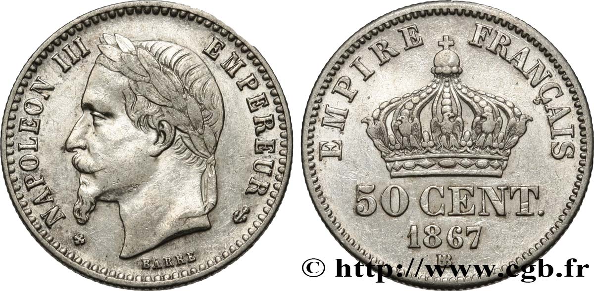 50 centimes Napoléon III, tête laurée 1867 Strasbourg F.188/15 XF48 