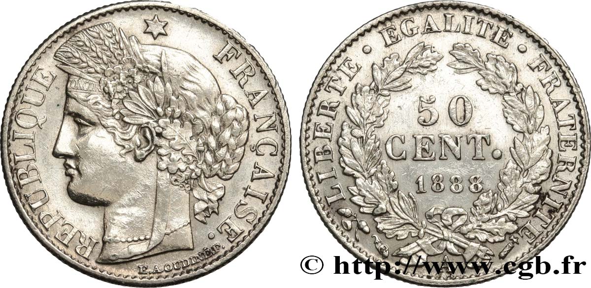 50 centimes Cérès, Troisième République 1888 Paris F.189/13 XF 