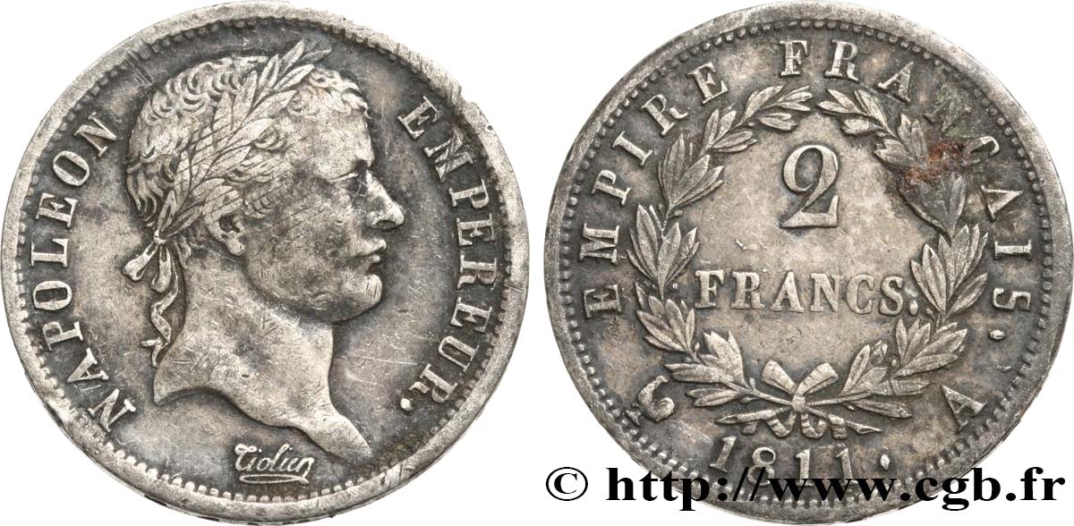2 francs Napoléon Ier tête laurée, Empire français 1811 Paris F.255/24 XF 