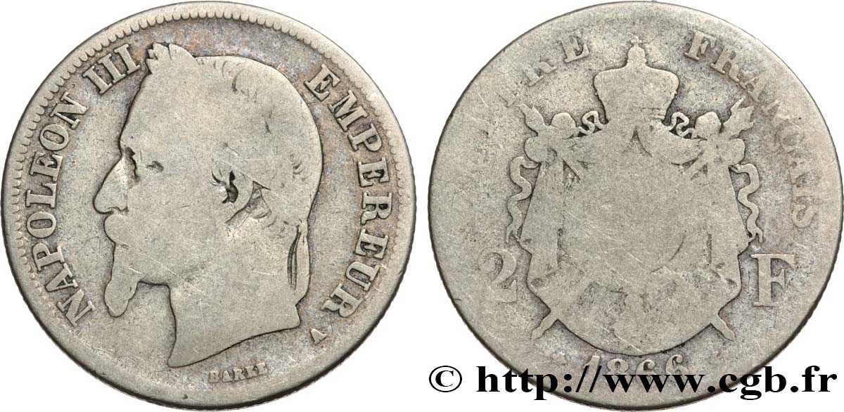 2 francs Napoléon III, tête laurée 1866 Paris F.263/2 B6 