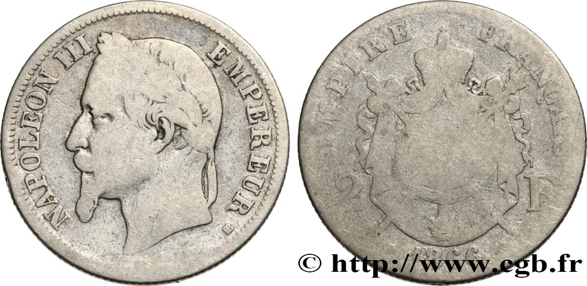2 francs Napoléon III, tête laurée 1866 Strasbourg F.263/3 B6 