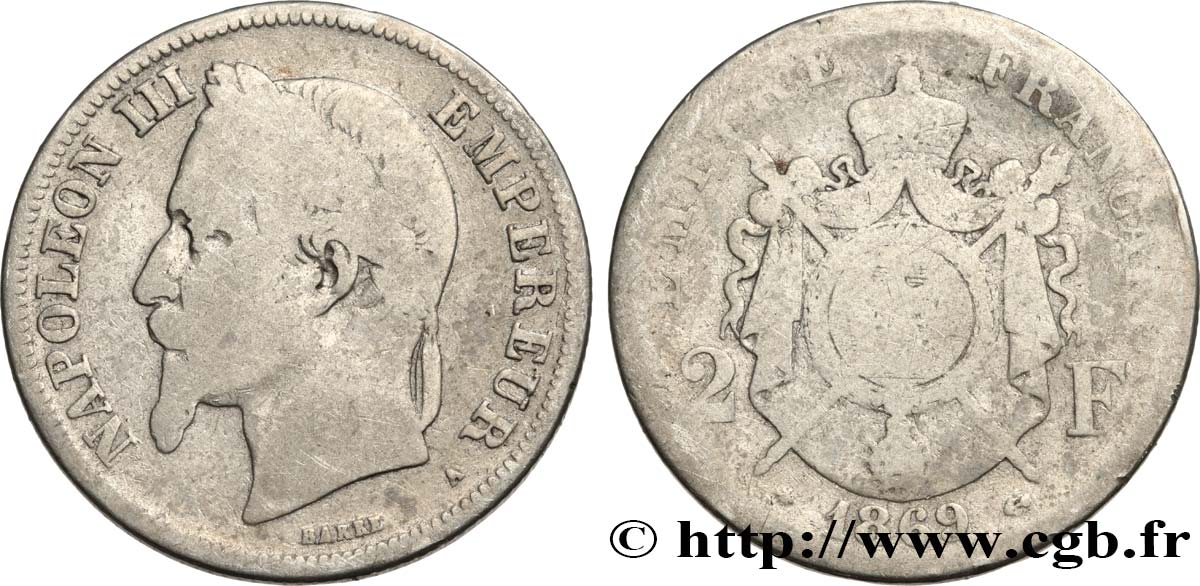 2 francs Napoléon III, tête laurée 1869 Paris F.263/10 SGE6 