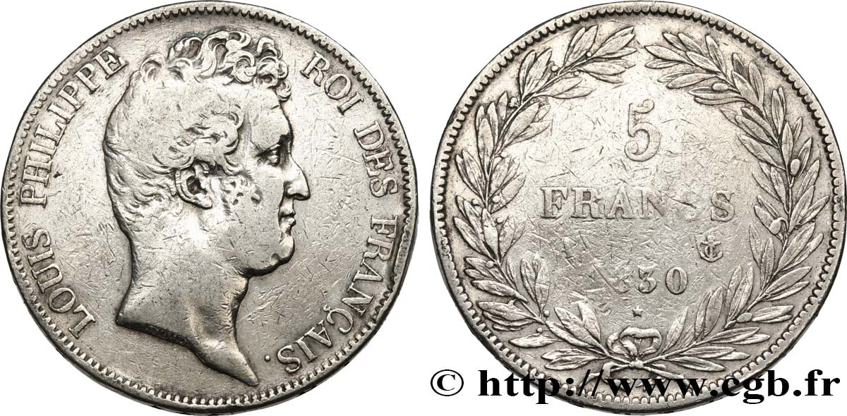 5 francs type Tiolier sans le I, tranche en creux 1830 Paris F.313/1 MB 