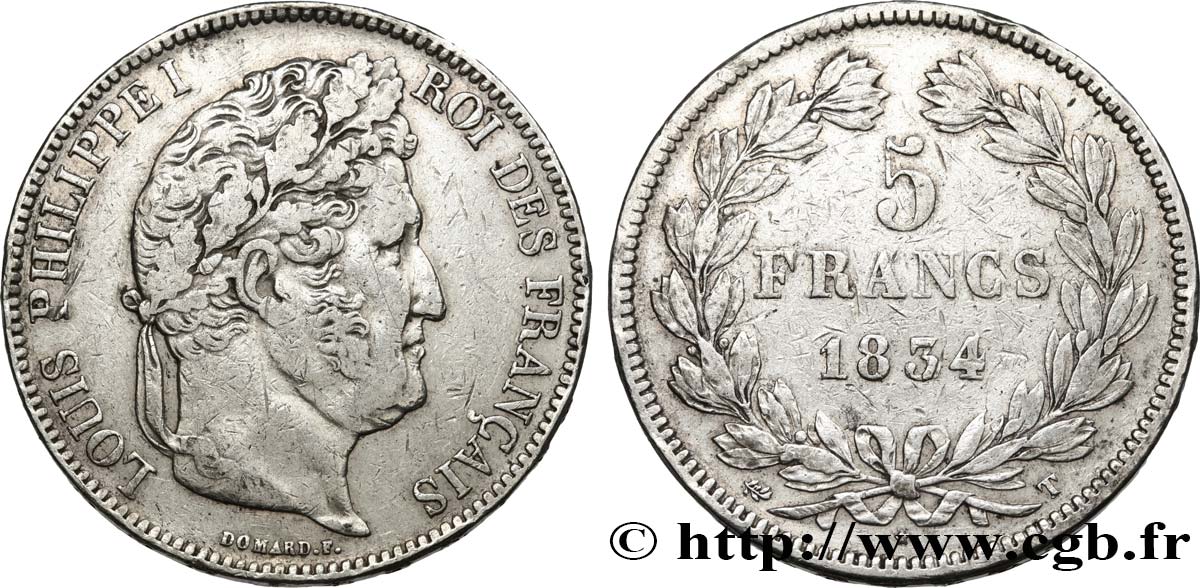 5 francs IIe type Domard 1834 Nantes F.324/40 VF 