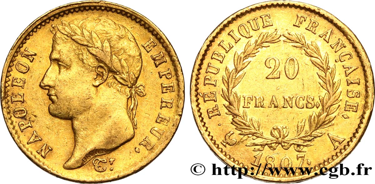 20 francs or Napoléon tête laurée, République française 1807 Paris F.515/1 XF48 