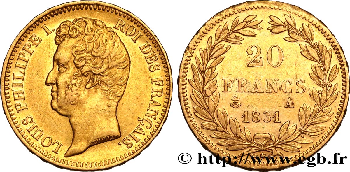 20 francs or Louis-Philippe, Tiolier, tranche inscrite en relief 1831 Paris F.525/2 XF 