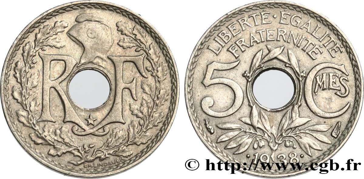 5 centimes Lindauer, maillechort, avec étoile 1938  F.123/1 MBC 