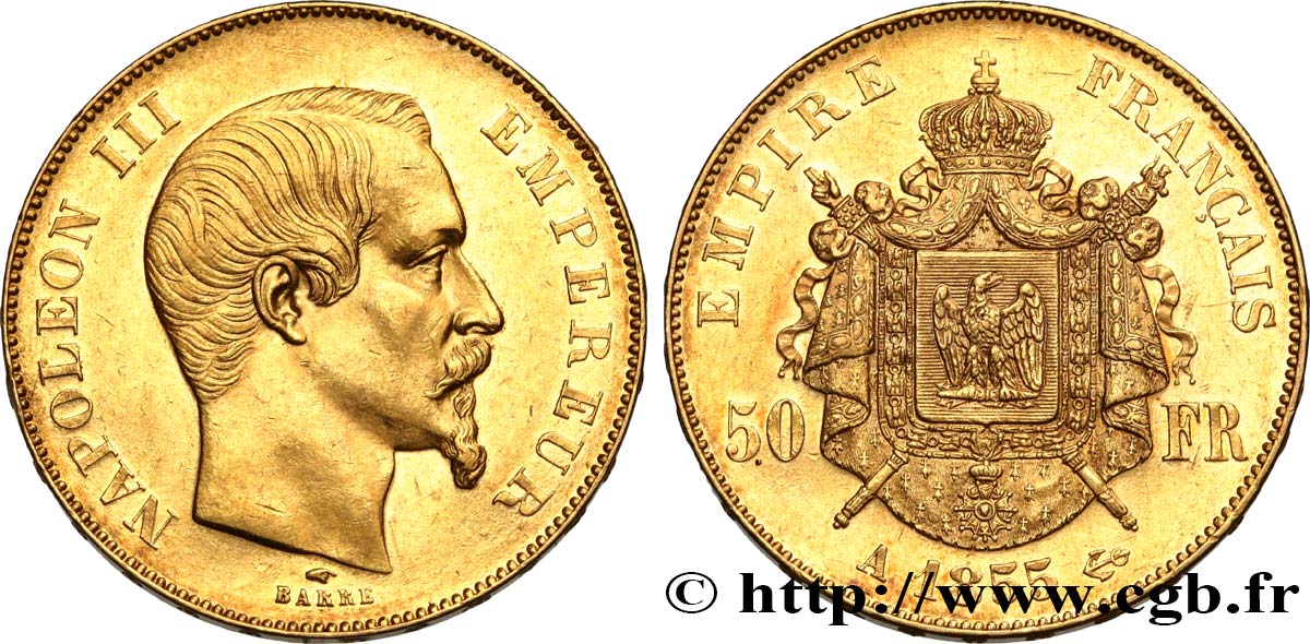 50 francs or Napoléon III, tête nue 1855 Paris F.547/1 SPL58 