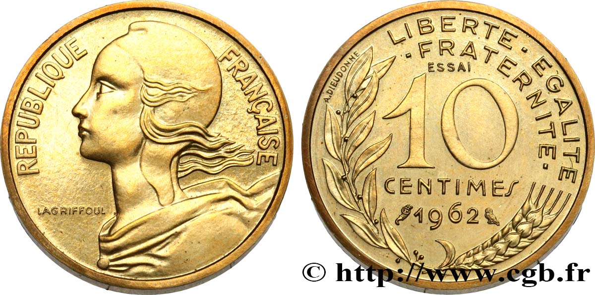 Essai-piéfort de 10 centimes Marianne 1962 Paris GEM.46 EP fST63 
