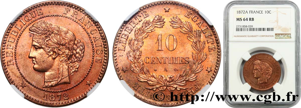 10 centimes Cérès 1872 Paris F.135/8 MS64 NGC