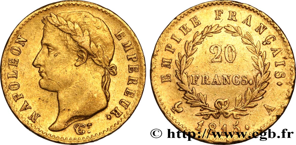 20 francs or Napoléon tête laurée, Cent-Jours 1815 Paris F.516A/1 TTB40 