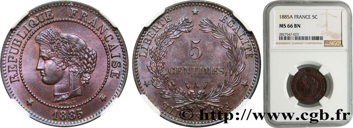 5 centimes Cérès 1885 Paris F.118/27 FDC66 NGC