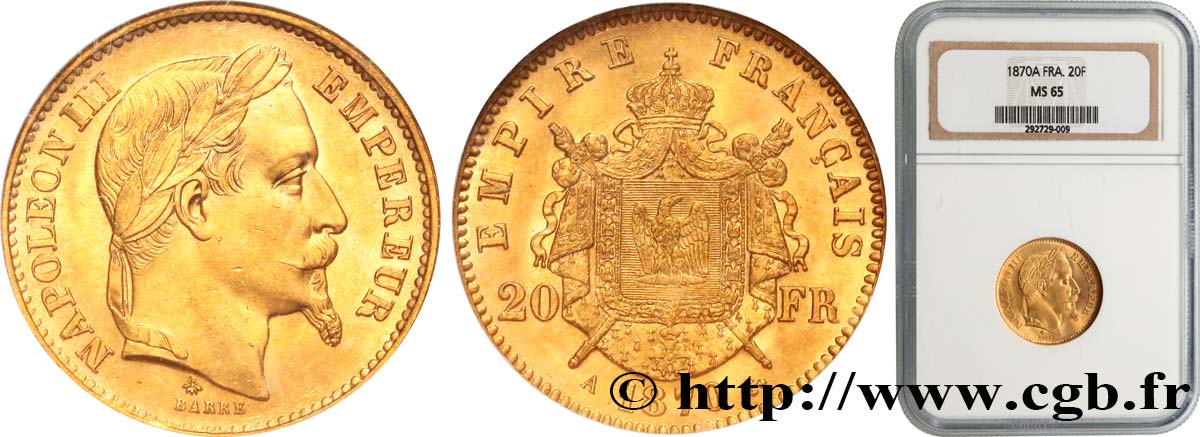 20 francs or Napoléon III, tête laurée 1870 Paris F.532/23 ST65 NGC