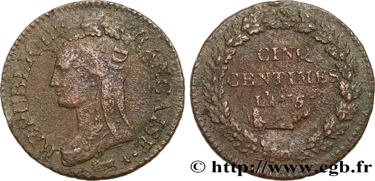Cinq centimes Dupré, grand module,  refrappage  du décime 1797 s.l. F.114/- VF 