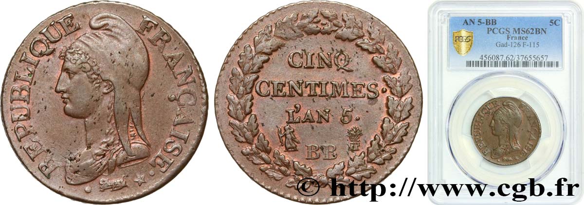 Cinq centimes Dupré, grand module 1797 Strasbourg F.115/20 MS62 PCGS