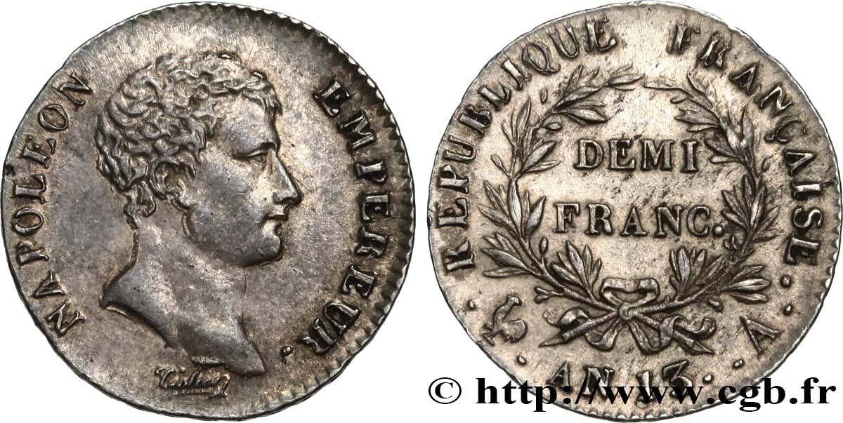 Demi-franc Napoléon Empereur, Calendrier révolutionnaire 1805 Paris F.174/10 AU53 
