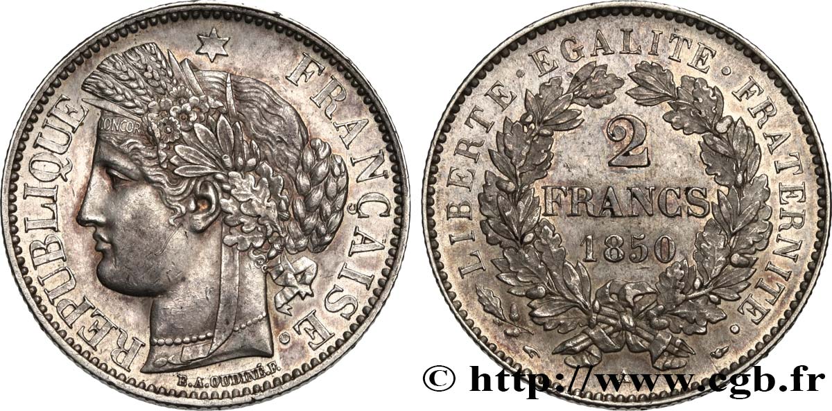 2 francs Cérès, IIe République 1850 Paris F.261/4 VZ58 
