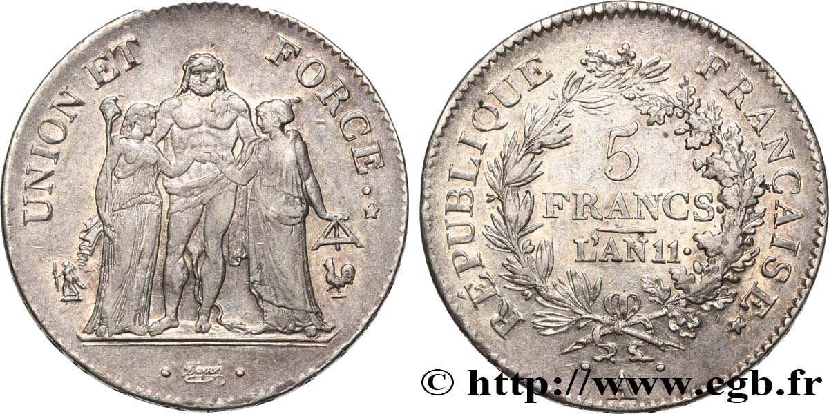 5 francs Union et Force, Union serré, seulement glands intérieurs 1803 Paris F.288/187 BB52 