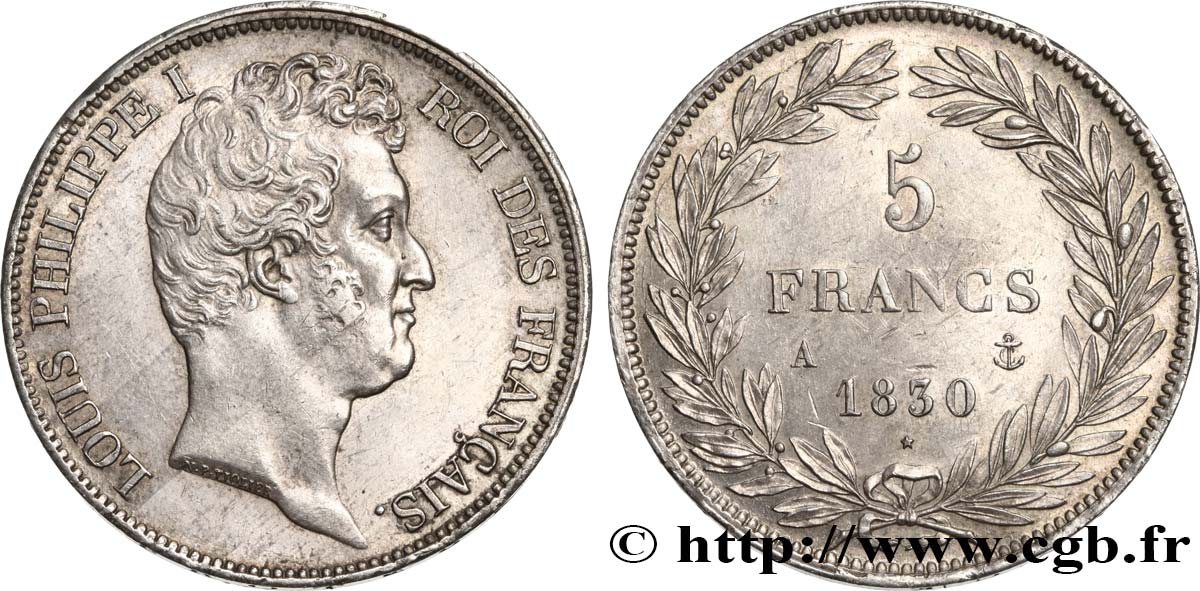 5 francs type Tiolier avec le I, tranche en creux 1830 Paris F.315/1 AU 