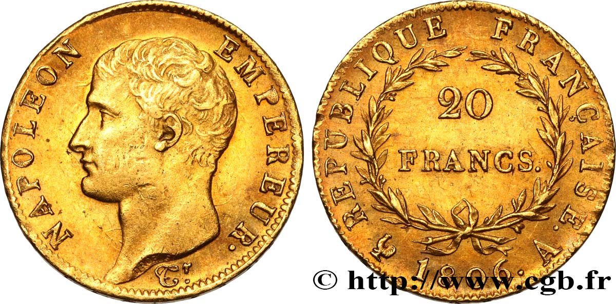 20 francs or Napoléon tête nue, Calendrier grégorien 1806 Paris F.513/1 AU58 