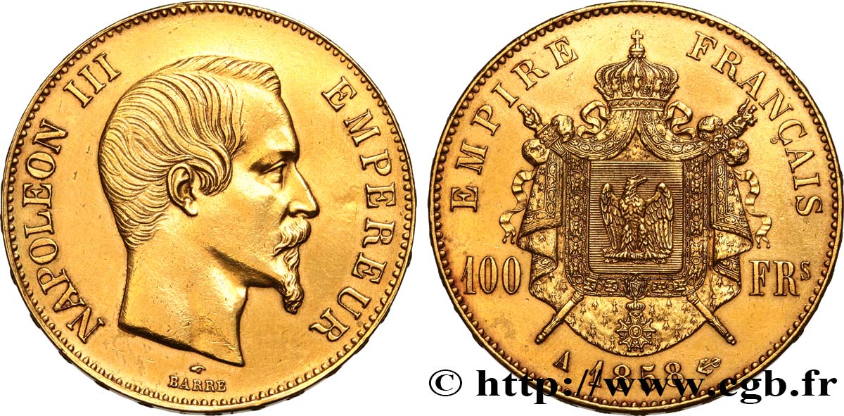 100 francs or Napoléon III, tête nue 1858 Paris F.550/5 EBC+ 