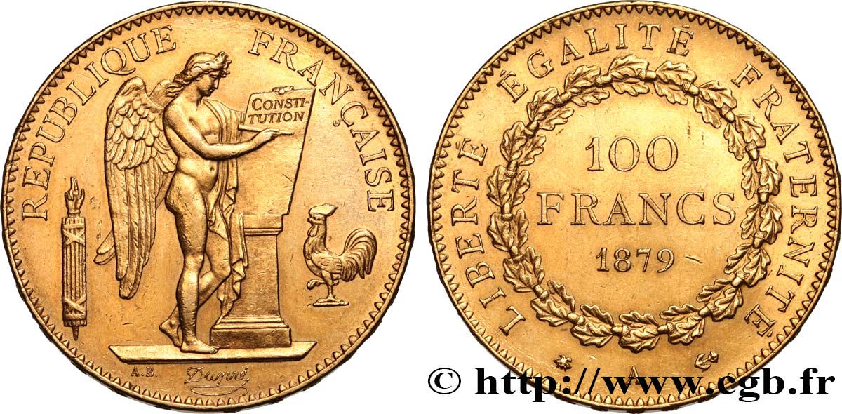 100 francs or Génie, tranche inscrite en relief Dieu protège la France 1879 Paris F.552/3 EBC62 