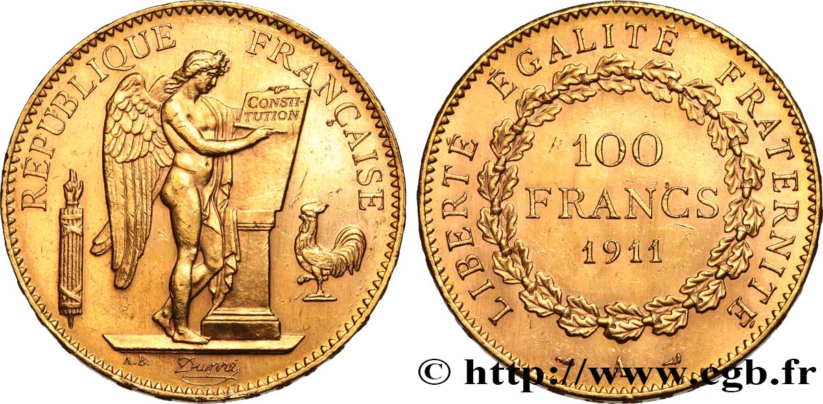 100 francs or Génie, tranche inscrite en relief Liberté Égalité Fraternité 1911 Paris F.553/5 SUP61 