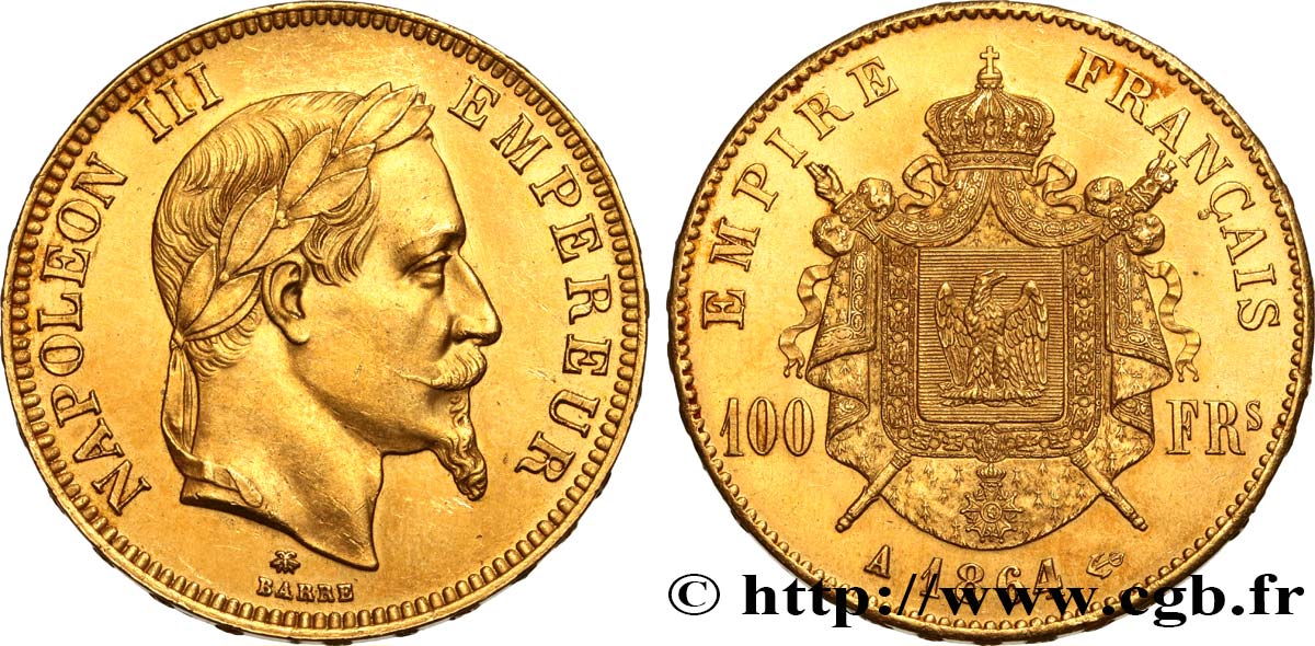 100 francs or Napoléon III, tête laurée 1864 Paris F.551/4 SPL61 