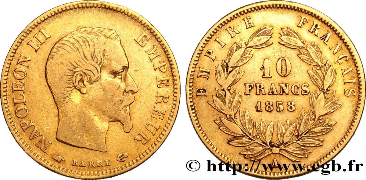 10 francs or Napoléon III, tête nue 1858 Paris F.506/5 TB 