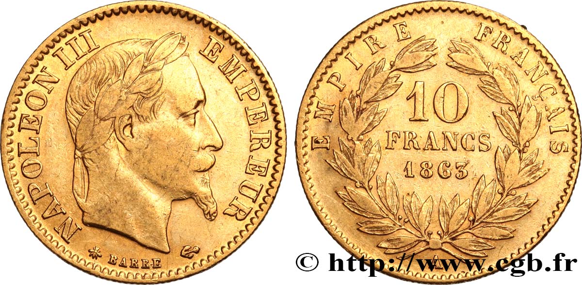 10 francs or Napoléon III, tête laurée, type définitif à grand 10 1863 Paris F.507A/3 S35 