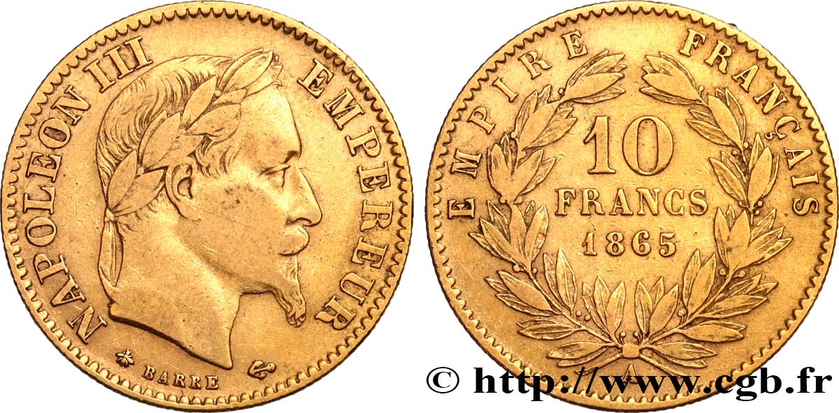 10 francs or Napoléon III, tête laurée 1865 Paris F.507A/9 TB35 