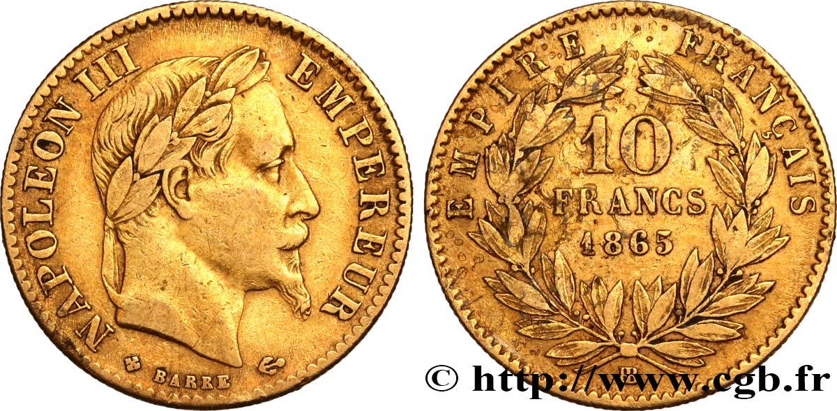 10 francs or Napoléon III, tête laurée 1865 Strasbourg F.507A/10 VF 