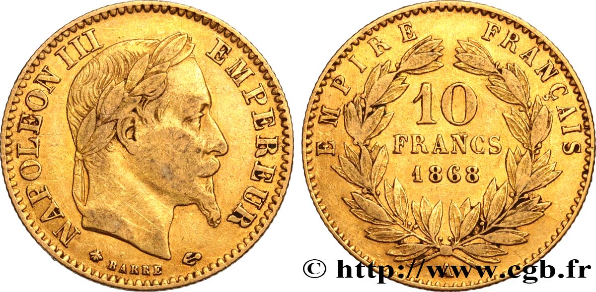 10 francs or Napoléon III, tête laurée, type définitif à grand 10 1868 Paris F.507A/17 TB35 