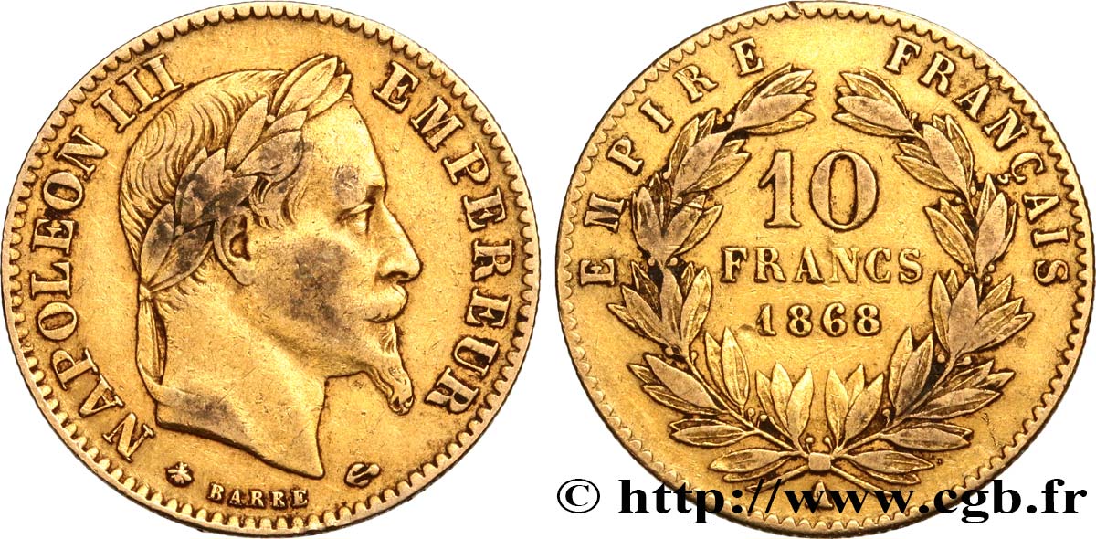10 francs or Napoléon III, tête laurée, type définitif à grand 10 1868 Paris F.507A/17 MB35 