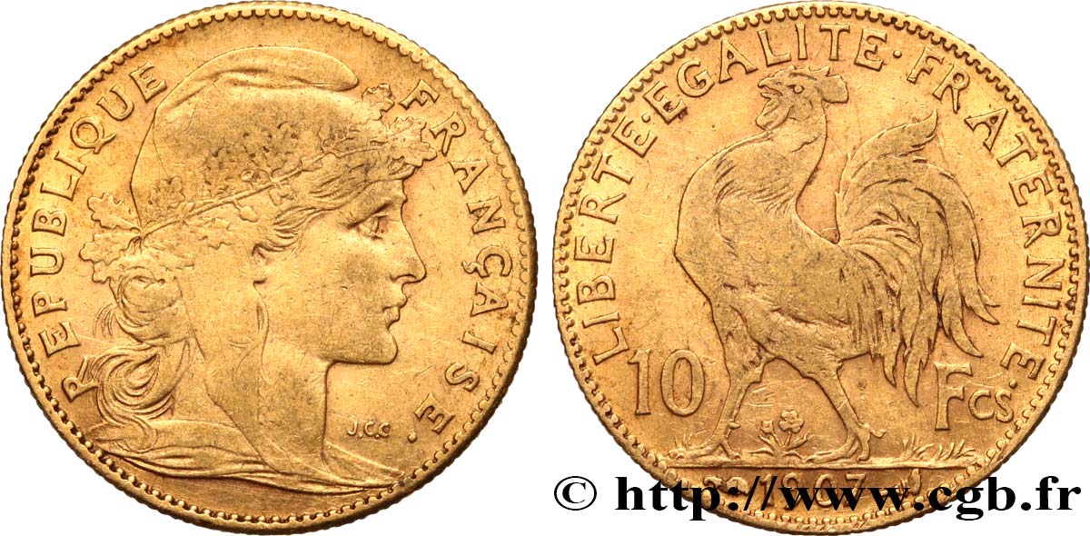 10 francs or Coq 1907 Paris F.509/8 MBC45 
