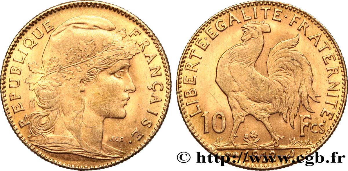 10 francs or Coq 1912 Paris F.509/13 AU55 