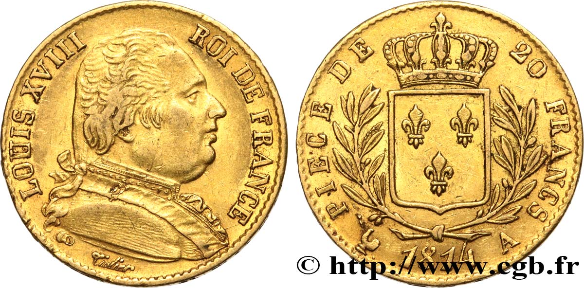 20 francs or Louis XVIII, buste habillé 1814 Paris F.517/1 XF48 