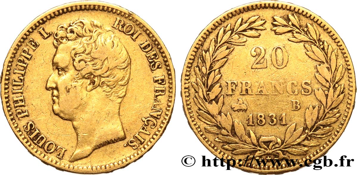 20 francs or Louis-Philippe, Tiolier, tranche inscrite en relief 1831 Rouen F.525/3 MB35 