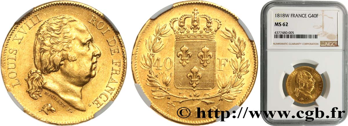 40 francs or Louis XVIII 1818 Lille F.542/8 EBC62 NGC
