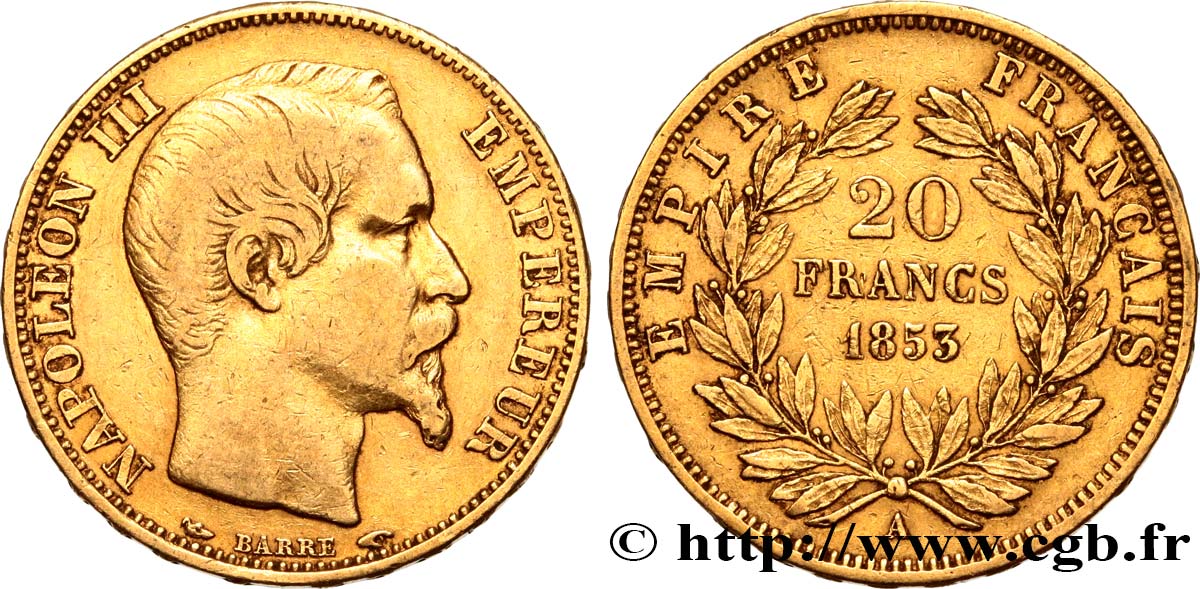 20 francs or Napoléon III, tête nue 1853 Paris F.531/1 TB35 