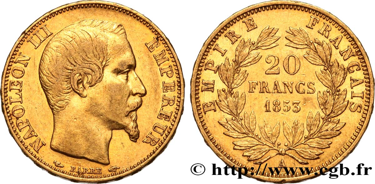 20 francs or Napoléon III, tête nue 1853 Paris F.531/1 BB50 