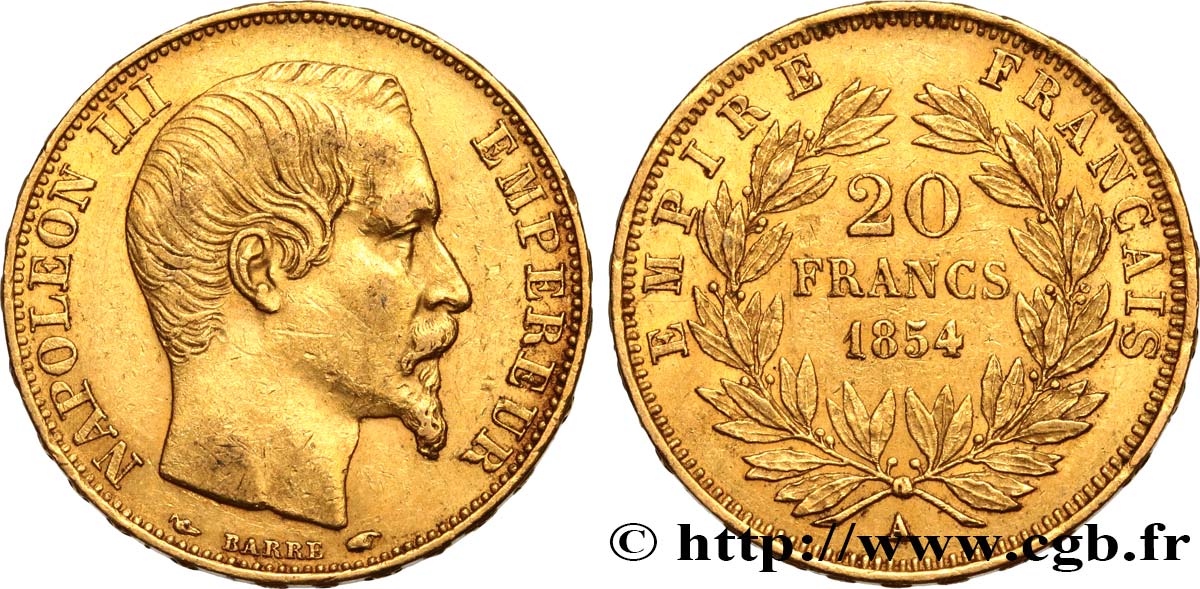 20 francs or Napoléon III, tête nue 1854 Paris F.531/2 TTB48 